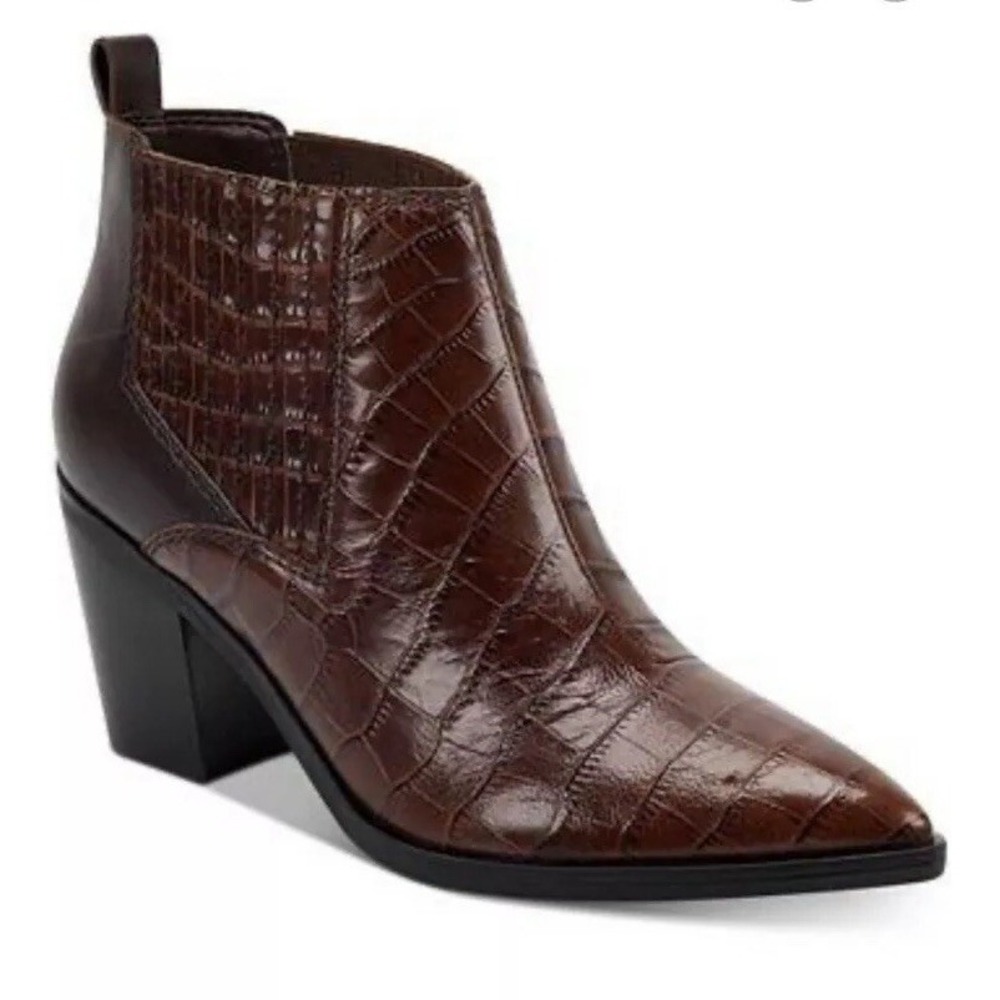 Marc Fisher Ankle Boots Size 8.5 Brown Yale Croc Embossed Leather Block Heel